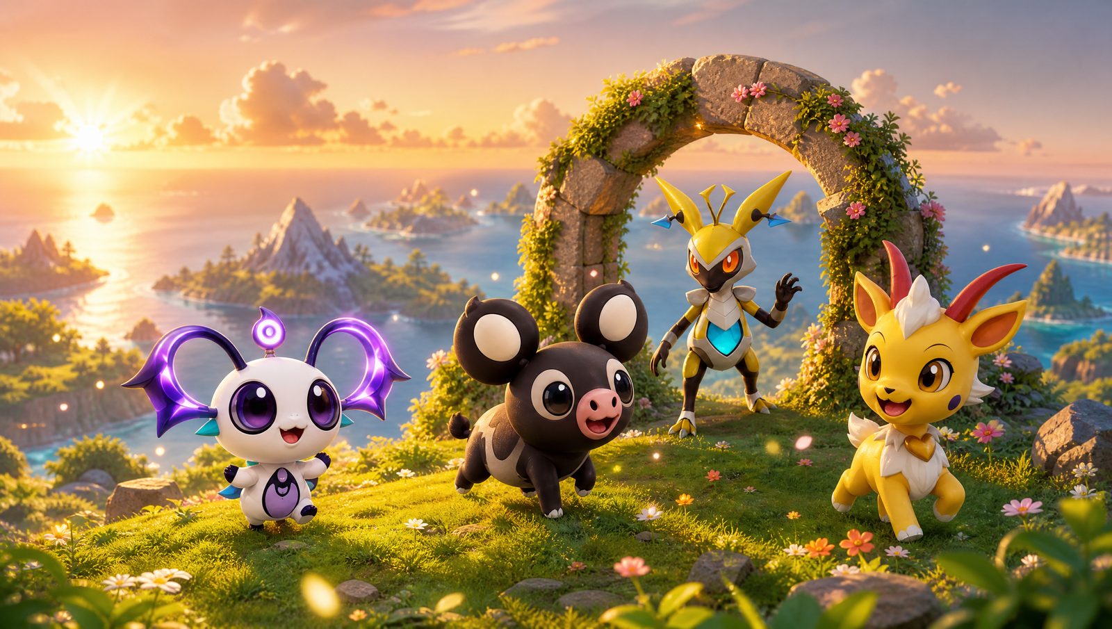 Xeras gathering around a flowered stone arch at sunset